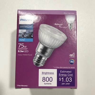 PHILIPS 75-Watt (8.5w) Indoor PAR20 Dimmable Daylight LED Flood Light T20 - Image 1 of 2