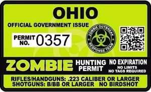 Pegatina de permiso de caza de zombis de Ohio calcomanía troquelada equipo de respuesta a brotes - Imagen 1 de 1