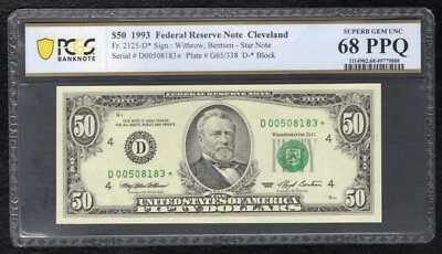 FR 2125-D* 1993 $50 *STAR* FRN CLEVELAND, OH PCGS BANKNOTE GEM UNC-68PPQ (J) - Image 1 of 2