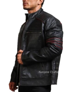 Men Shoulder Quilted Genuine Leather Jacket Biker Fashion Gift Custom Made Free  - Picture 1 of 8