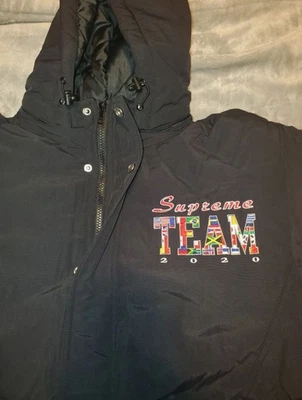 SUPREME TEAM PUFFY JACKET BLACK LOGO OLYMPIC FLAGS SS20 RARE M HYPE - Image 1 of 4