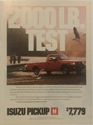 Camioneta pickup Isuzu 1990 anuncio impreso hombres barcos de pesca de colección años 90 2000 lb prueba Foto 1 de 4