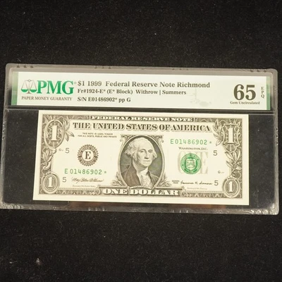 1999 $1 Federal Reserve Star Note Richmond Fr-1924E*PMG 65 - Free Shipping USA - Image 1 of 3