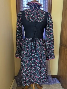 Vintage 70's Victorian High Neck Corset Flower Power Black Pink Dress Size S/M - Picture 1 of 24