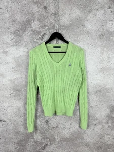 Polo Ralph Lauren Cable Knit Jumper Green V-Neck Sweater Preppy Womans Size M - Picture 1 of 11