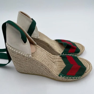 Gucci Women's Lilibeth Sylvie Web Canvas Wedge Espadrille Sandals EU 38.5 US 8 - Image 1 of 4