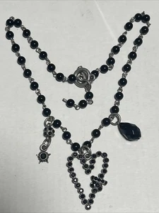 Vintage Black Beaded Choker Heart Necklace w/ Rhinestone & Charm Goth Pendants - Picture 1 of 12