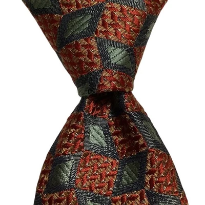 Ermenegildo Zegna 男式 100% 真丝领带 意大利 豪华 几何橙色/绿色 二手状况完好 — 第 1/3 张图片