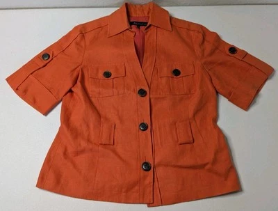 AK Anne Klein Shirt Women's 8 Orange Button Up Short Sleeve 2 Chest Pockets  - Image 1 of 4