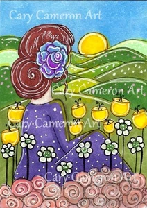 ACEO Original Painting Big Eye Flower Sun Hills Fantasy Outsider art - C Cameron - Picture 1 of 1