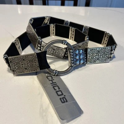 Chico's SILVER METAL Panel STRETCH BELT 38” Waist Fit Boho Western - Image 1 of 4