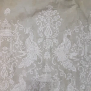 Cynthia Rowley pale green fabric shower curtain Asian inspired pagodas peacocks - Picture 1 of 7