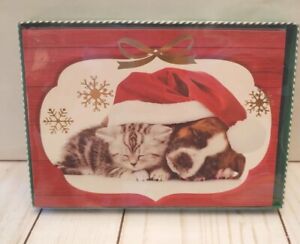 12 New Christmas Cards Boxed Whimsical Puppy  Kitty  Under Santa Red Hat 