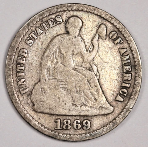 1869-s Liberty Seated Half Dime.  Re punched Date.  VG.  178634 Cover