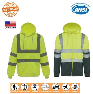 Hi Viz Vis Visibility Jacket Zipped Hoodie Work Hooded Fleece Lined Sweatshirt - Picture 1 of 18