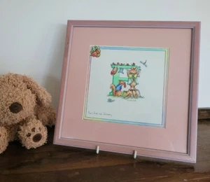 Hand Painted green letter 'F' christening, new baby gift/picture pink frame - Picture 1 of 7