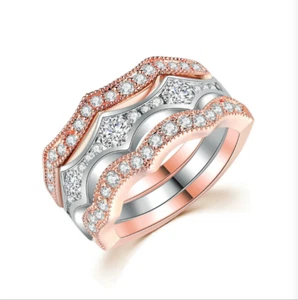 R084 Mujeres Joyería Oro Rosa 18K GP Compromiso Boda Novia Banda Anillo Set - Imagen 1 de 7