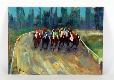 Sans Titre Cheval Racing Par Vidal, Huile Peinture Sur Planche, 15x21 - Photo 1/3
