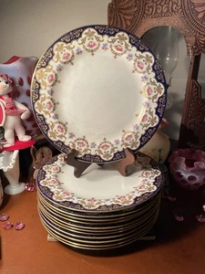 Cauldon England Cobalt Blue Gold Gilt Floral Set Of 12 Luncheon Dinner Plates - Bild 1 von 7