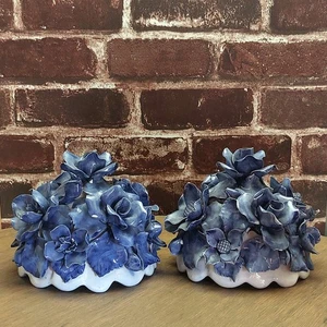 Unusual Pair of Glazed Domes with Cobalt Blue Floral Motif | Possibly Pot Lids - Picture 1 of 7