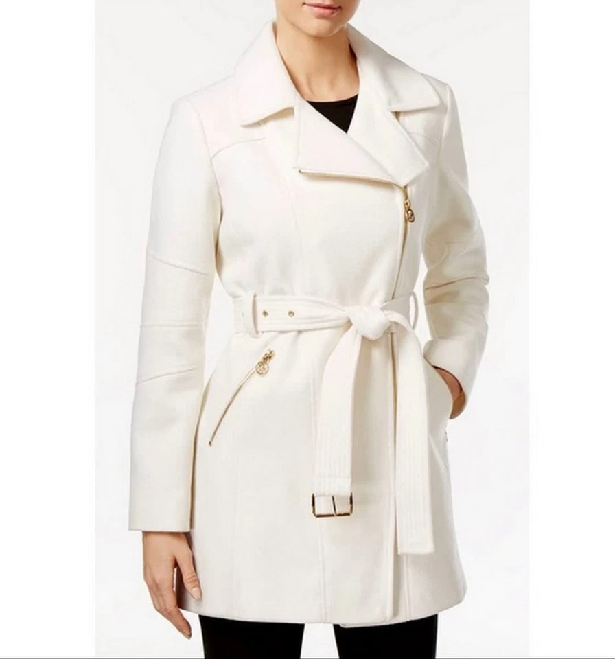 Michael Kors Asymmetrical Belted Waist Peacoat Ivory Wool Blend Front Zip M $275 - Image 1 of 1