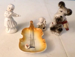 Vintage Figurines Playing Violin & Cello~Dog~Girl~Monkey~Cello Plate~Ceramic - Picture 1 of 7