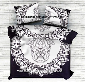 Indien Black & White Humsa Fatima Mandala Bedsheet Bedspread Queen Bedding Set - Picture 1 of 3