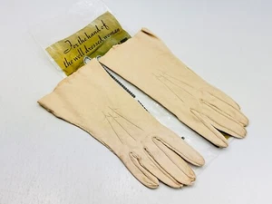 Vintage Womens Short Tan Khaki Leather F-15 Embroidered Stylized Size 7 Gloves - Picture 1 of 14