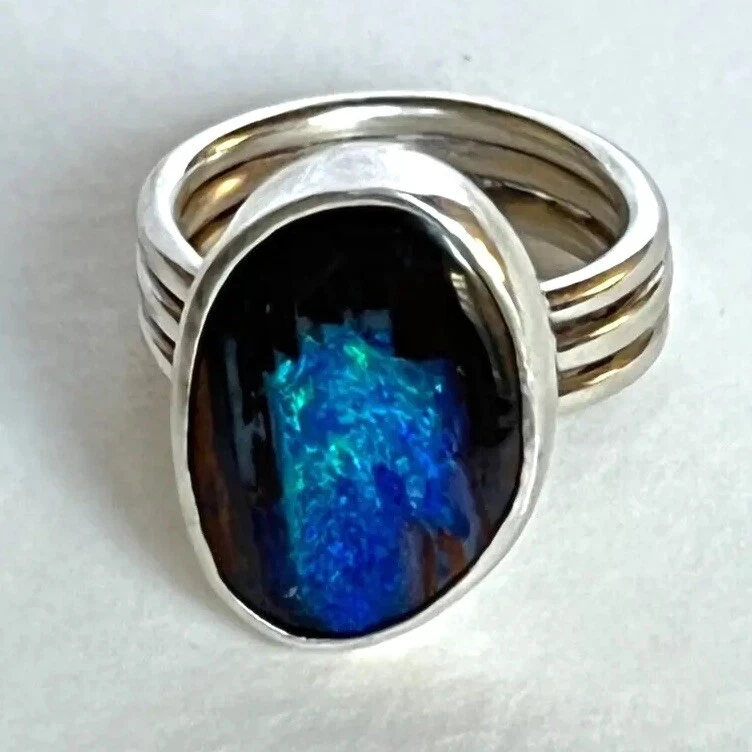 Anillo de plata esterlina de ópalo de roca australiano ~ 9 joyas artesanales de madera fosilizada Foto 1 de 4