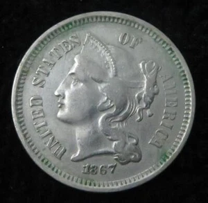 1867 Three Cent Nickel * Better Grade * Nice Lines on Columns * 4411 - Picture 1 of 2