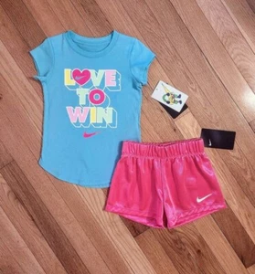 NEW Nike Little Girl 'Love to Win' Tee & Short Set, Blue/Hot Pink (sz 6X) - Picture 1 of 3
