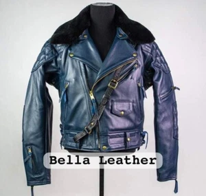 Mem's Real Navy Blue Cow Leather Brando Motorcycle Jacket Sexy Biker Gay Bluff - Picture 1 of 3