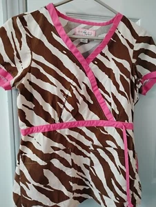 Koi 2 Pocket Brown/Hot Pink Zebra Print Scrub Top Size XS - Picture 1 of 1