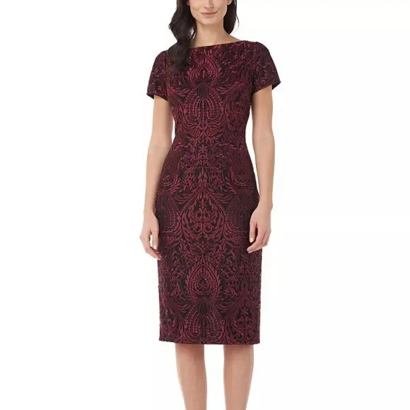 JS Collections Garnet Red And Black Floral Embroidered Cocktail Dress Sz 10 $250 - Image 1 of 2