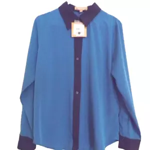 NWT Ellen Tracy Teal Striped Women's Blouse Shirt with Black Trim Size 12 - Picture 1 of 4