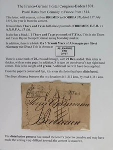 Franco German Baden 1801 Vorphila Bremen to Bordeaux 1819 Rayon Stempel Cover - Bild 1 von 2