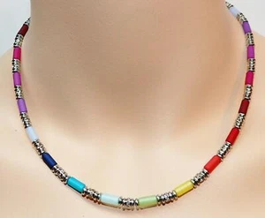 zarte Halskette Walzenkette bunt Tube Polaris 8x4 Hämatit silber Strass 035 - Bild 1 von 12