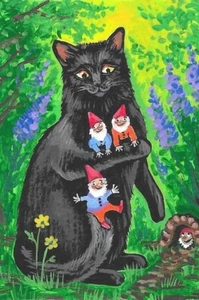 4x6 LE POSTAL RYTA ESTILO VINTAGE ARTE 5/200 GNOMO BOSQUE ENCANTADO GATO NEGRO - Imagen 1 de 1