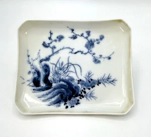 Plato de baratija japonés de cerámica azul y blanco pintado a mano rectangular Imari temprano - Imagen 1 de 17