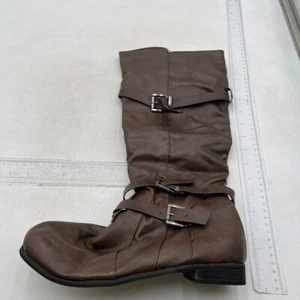Women's Closed Round Toe Buckle Slouch Flat Heel Mid-Calf Boot Brown Boots - Picture 1 of 7
