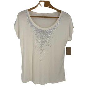 Coldwater Creek Womens Cascading Sequin Tee Large Ivory Cocktail Lightweight - Picture 1 of 10