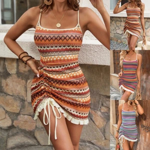 Womens Boho Striped Knit Bodycon Ruched Strappy Summer Beach Holiday Sundress - Picture 1 of 25
