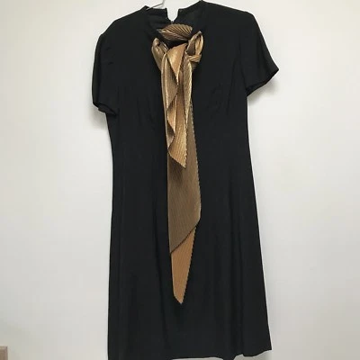 Vintage Adele Simpson Dress Black Linen Blend SHort Sleeve A-Line Gold Lame 10 - Image 1 of 4
