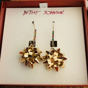 Authentische Betsey Johnson Ohrringe - goldfarbene metallische Schleifen & Geschenkbox neu mit Etikett - Bild 1 von 13