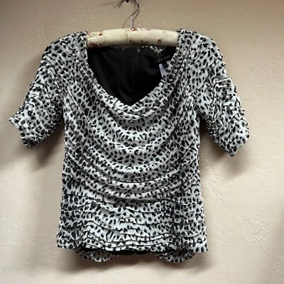 Tadashi Shoji Womens Boat Neck Animal Print Pleated Blouse Elbow-Sleeve Medium - Imagem 1 de 4