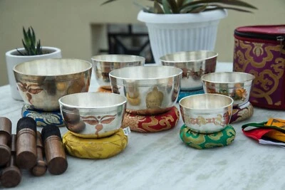 SILVER QUATED CHAKRA  singing bowl set 7 singing bowl sound healing meditation - Image 1 of 4