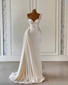 Modern Prom Dresses One Shoulder Sweetheart Beads Lace Silk Satin Sweep Train - Picture 1 of 8