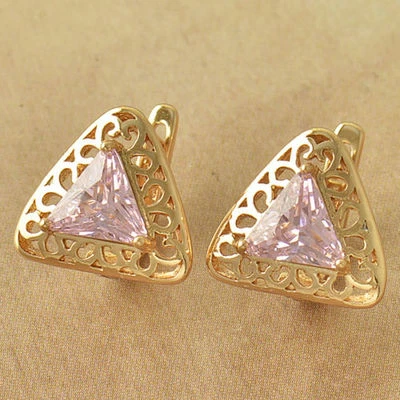 Pretty Unique Yellow Gold Filled Pink CZ Triangle Leverback Huggie Hoop Earrings - Image 1 of 3