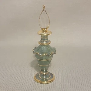 Vtg Egyptian Hand Blown Green Etched Glass Perfume Bottle Gold Trim with Stopper - Picture 1 of 4