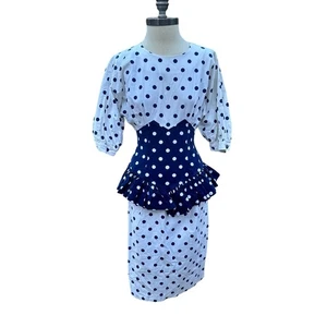 Abito Peplum Vintage anni 80 Vita Sincronizzata Pois Taglia 6 Leslie Lucks Dress - Foto 1 di 7